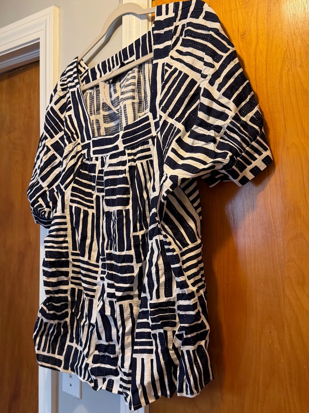 Lane Bryant Navy and White Geometric Print Smocked Blouse